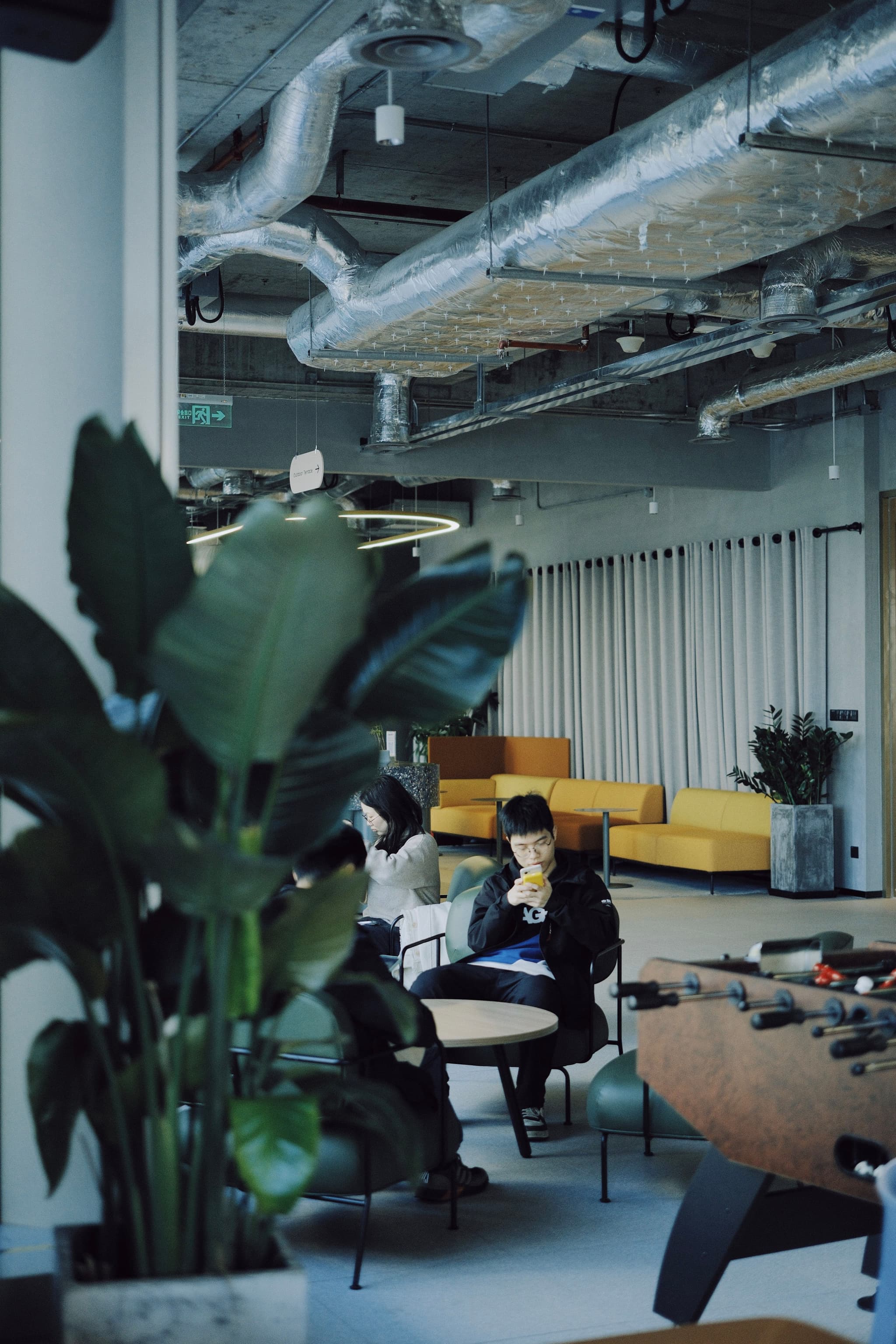Industrial style office with exposed ductwork indoor plants and a person working at a small round table near a lounge area