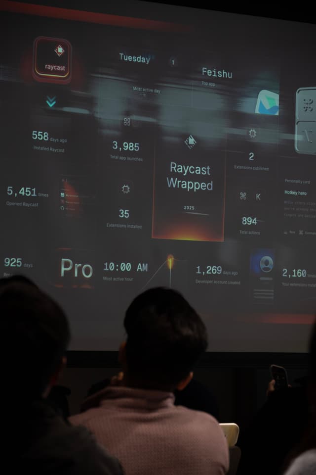 Audience watching a projected analytics dashboard with charts and metrics in a dark conference setting